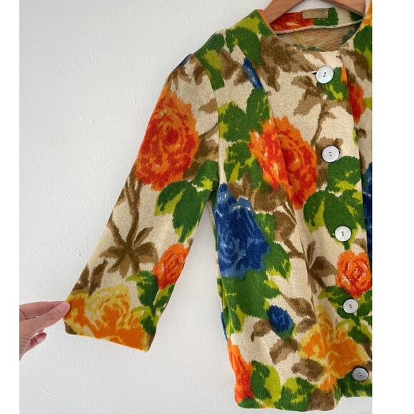 Vtg 50's 60's I. Magnin Made in West Germany Knit Floral Wool Button Up Cardigan - Picture 6 of 8